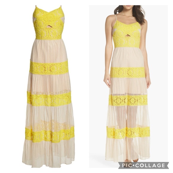 Foxiedox Mia Two-Tone Yellow & Ecru Lacey Crochet Detail Maxi Dress Size Large - Picture 5 of 15